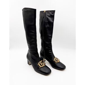 Gucci Victoire GG Knee Boots EU 37 US 7 Black Leather Mid Heel Marmont Square